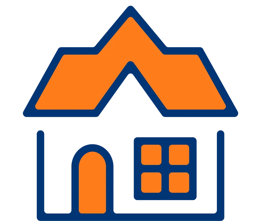Large house icon with blue outline and orange infill.