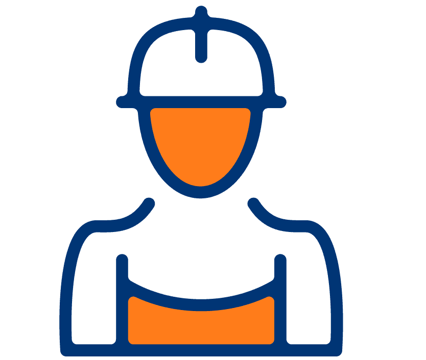 Icon depicting a Tradesman or workman wearing a hard hat. Outline in blue with orange infill.