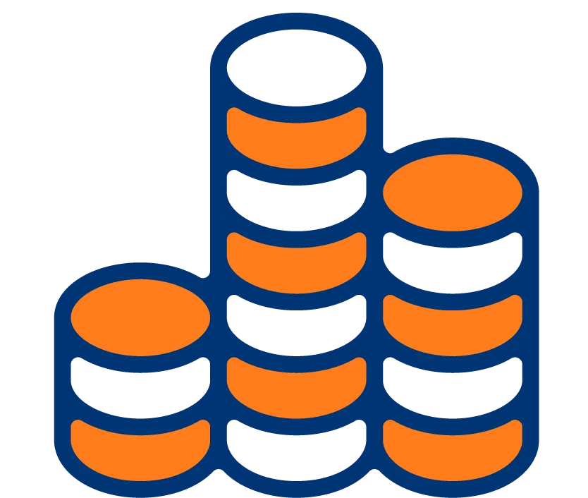 Icon depicting stacks of coins in blue and orange.